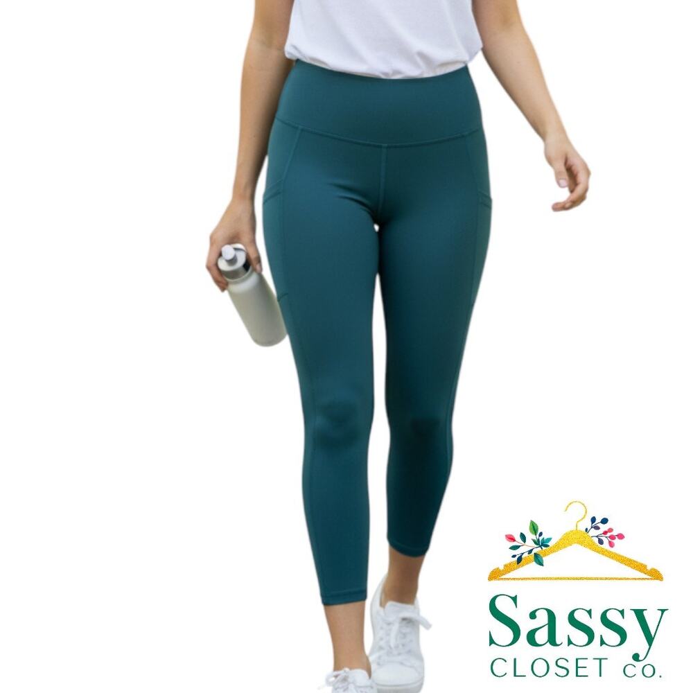 Yogalicious Nude Tech Leggings XL EUC Teal Green High Rise Pocket Yoga Pants